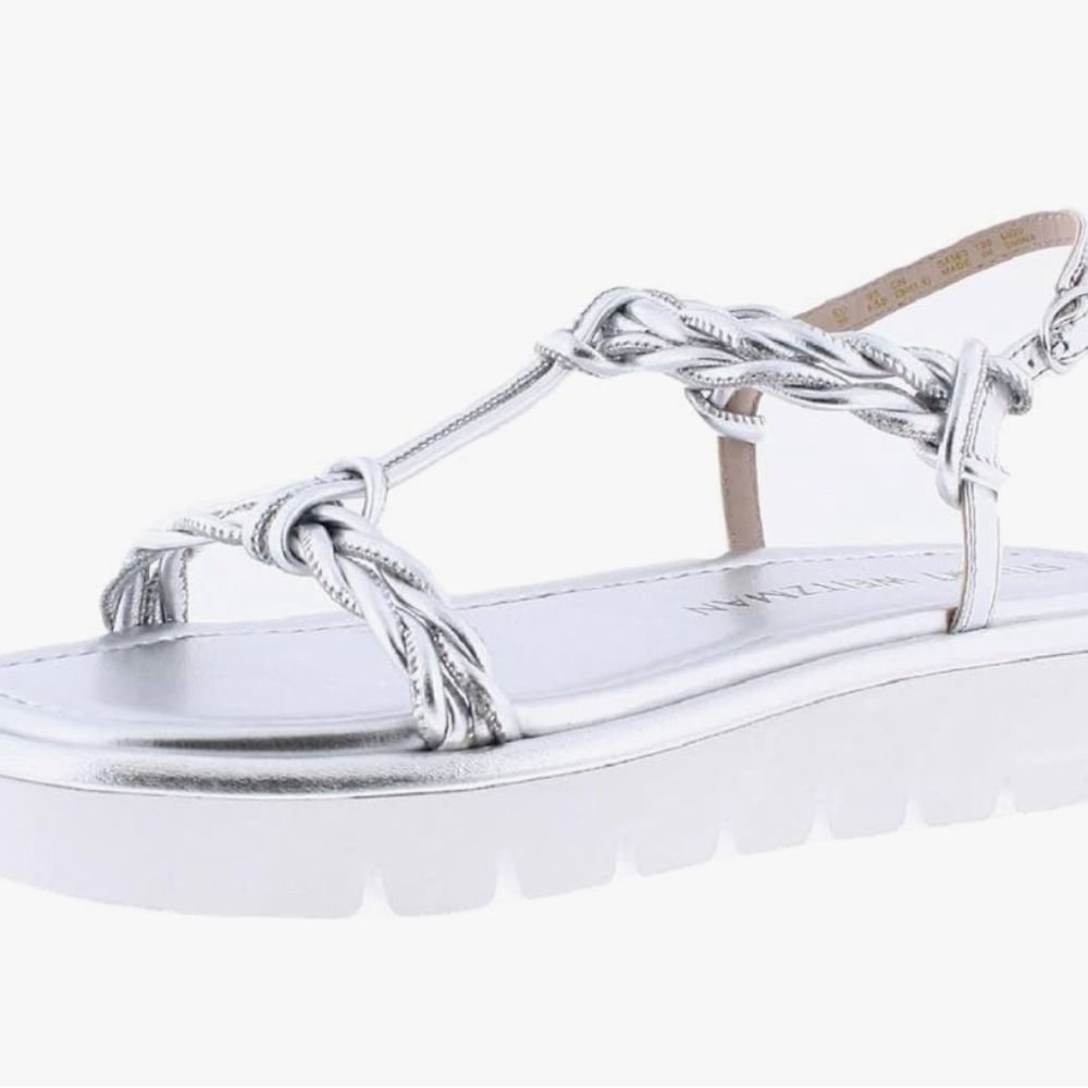 STUART WEITZMAN Calypso Lift Silver Metallic Leather Platform Sandals Size 9.5.